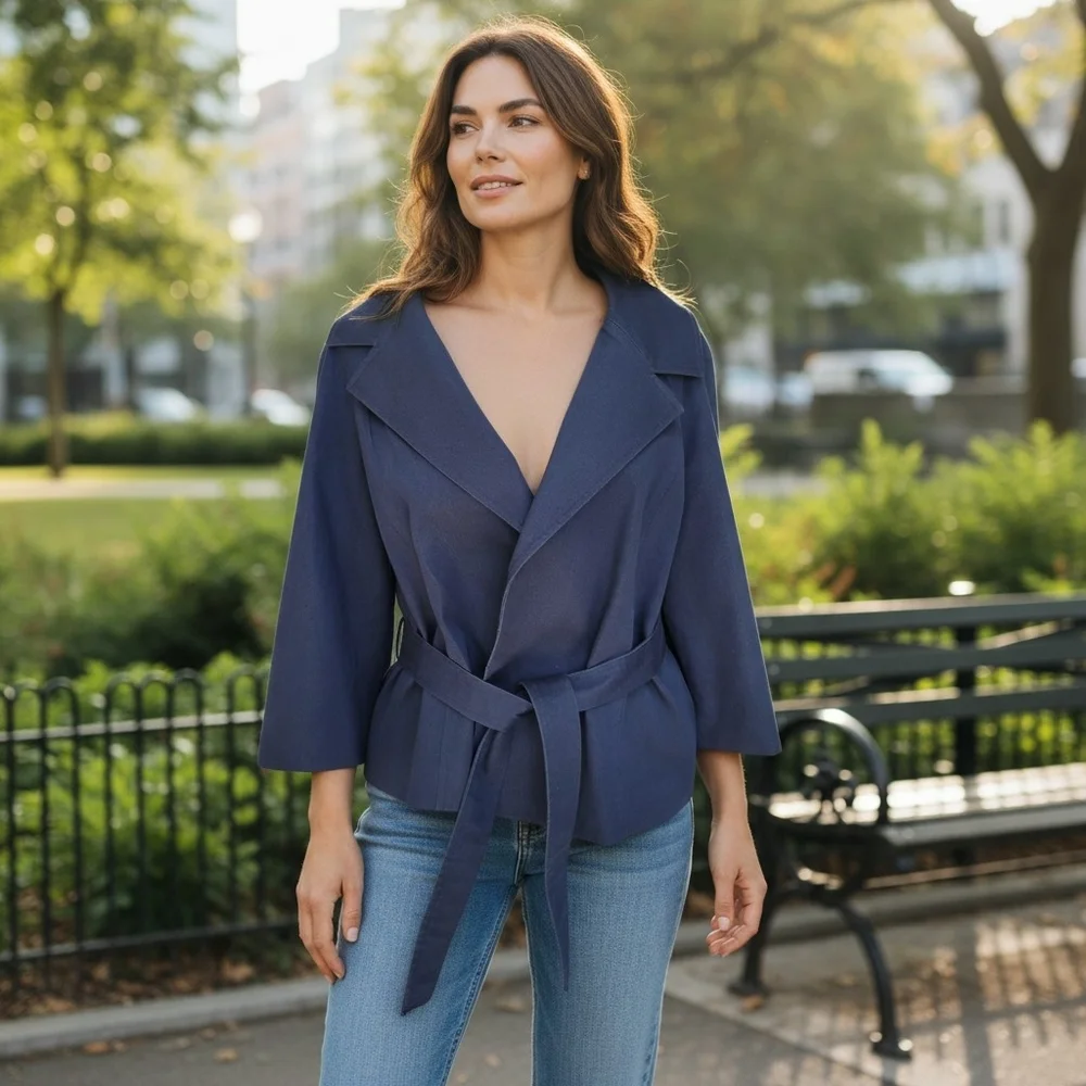 Michael Kors Women’s Navy Belted Kimono Sleeve Jacket Lightweight Wrap Coat